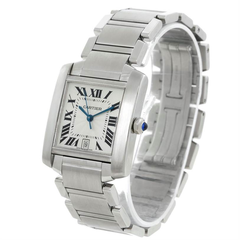 This image shows a Cartier Tank Francaise W51002Q3 Stainless Steel Silver Dial W51002Q3 Stainless Steel Silver Dial watch at a slight angle, highlighting the face, bracelet, and crown with a blue cabochon.