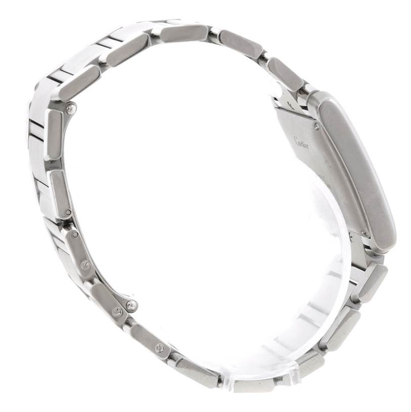 The image shows the side view of the Cartier Tank Francaise W51002Q3 Stainless Steel Silver Dial W51002Q3 Stainless Steel Silver Dial watch, featuring its bracelet and case.