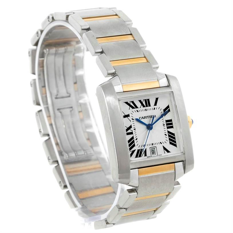 The Tank Française by Cartier is shown at a front angle, highlighting its rectangular dial and metal bracelet with gold accents.