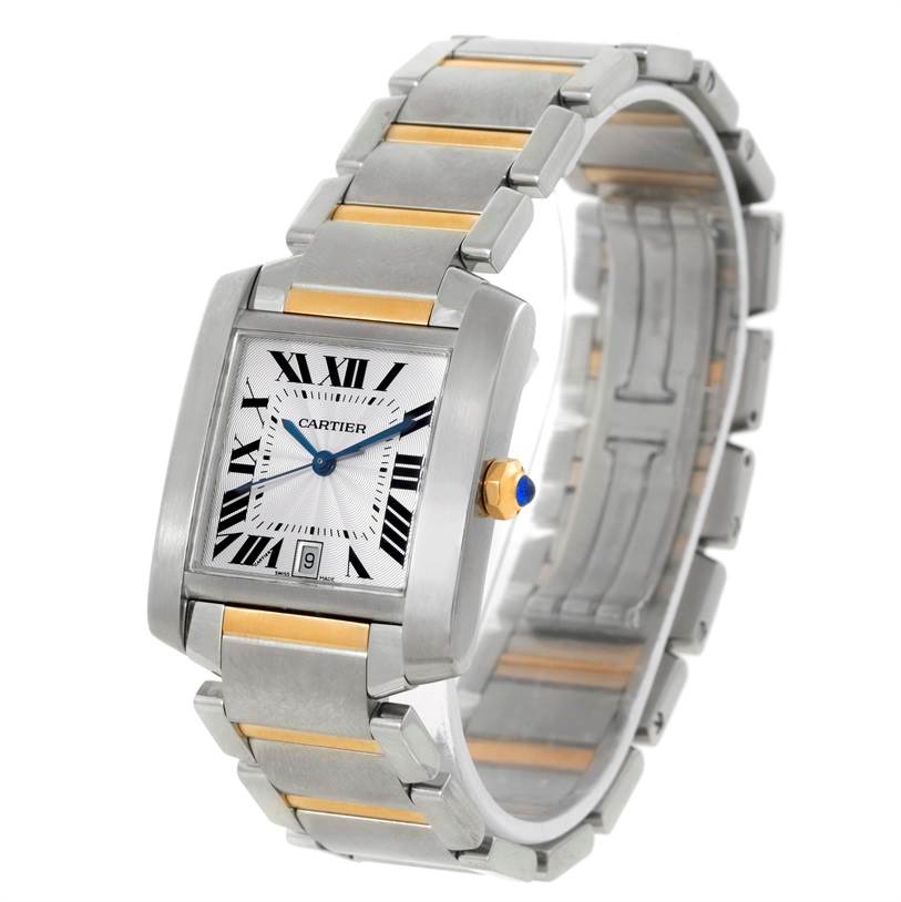 The image shows a Cartier Tank Francaise W51005Q4 Men's Steel and Gold (two tone) Silver Dial W51005Q4 Men's Steel and Gold (two tone) Silver Dial watch at a three-quarter angle, displaying the face, crown, and part of the bracelet.