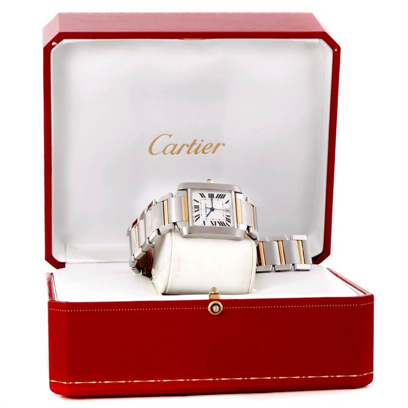 The Cartier Tank Française watch is shown at a front angle, displayed in its branded red and white box.
