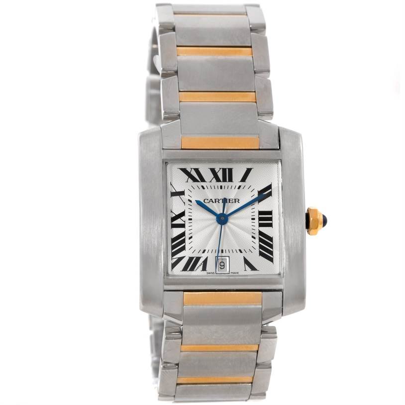 The image shows a frontal view of a Cartier Tank Francaise W51005Q4 Men's Steel and Gold (two tone) Silver Dial W51005Q4 Men's Steel and Gold (two tone) Silver Dial watch, highlighting the face, bezel, and two-tone bracelet.