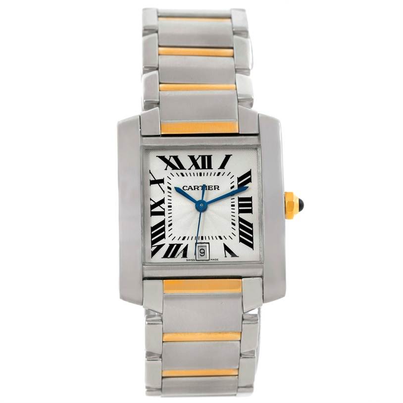 The image shows a frontal view of the Cartier Tank Francaise W51005Q4 Men
s Steel and Gold (two tone) Silver Dial W51005Q4 Men
s Steel and Gold (two tone) Silver Dial watch, highlighting its rectangular dial and metal bracelet with gold accents.