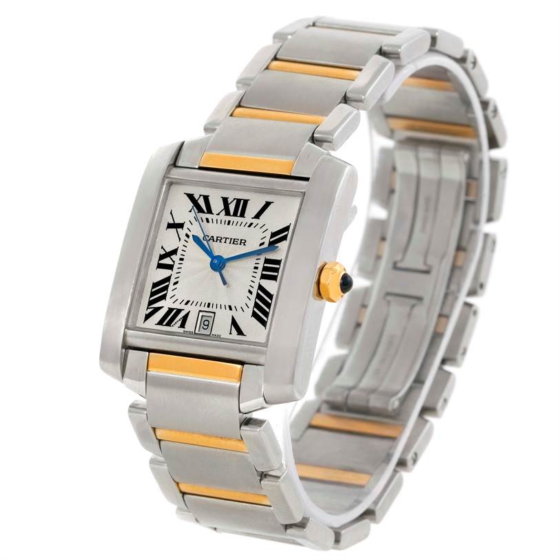 The Cartier Tank Francaise W51005Q4 Men
s Steel and Gold (two tone) Silver Dial W51005Q4 Men
s Steel and Gold (two tone) Silver Dial watch is shown at an angled view, displaying its dial, case, crown, and bracelet.
