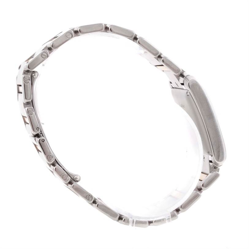 The image shows a side view of a Cartier Tank Francaise W51005Q4 Men
s Steel and Gold (two tone) Silver Dial W51005Q4 Men
s Steel and Gold (two tone) Silver Dial watch, highlighting its stainless steel bracelet and case.