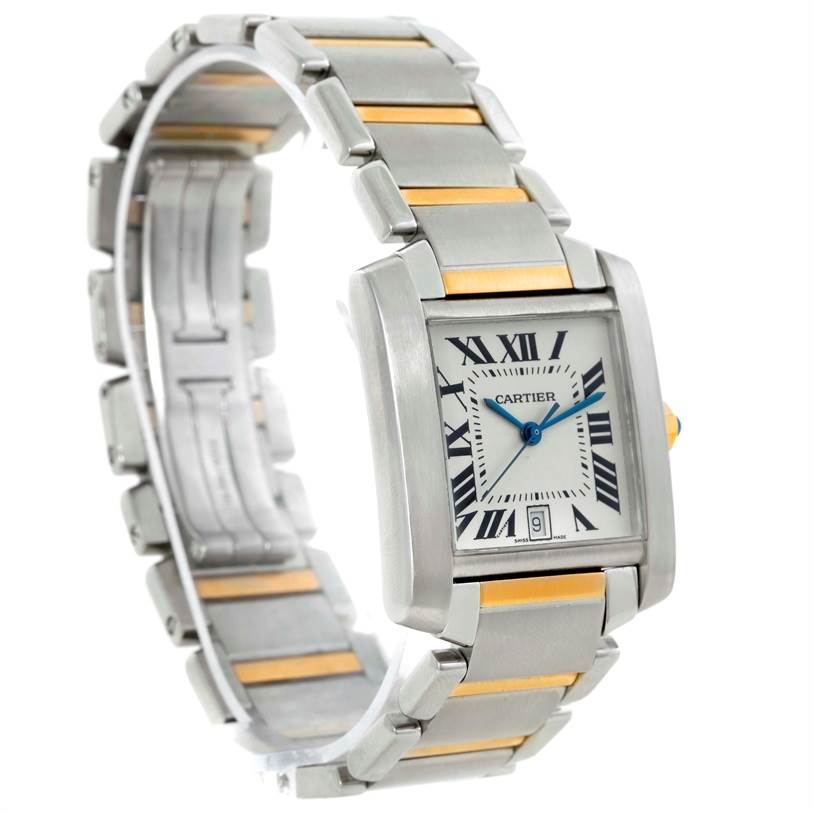 The Cartier Tank Francaise W51005Q4 Men
s Steel and Gold (two tone) Silver Dial W51005Q4 Men
s Steel and Gold (two tone) Silver Dial watch is shown from an angled side view, highlighting its rectangular case, bracelet, and dial features.