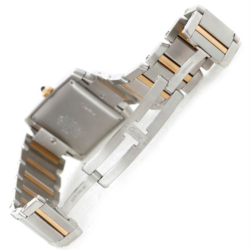 The image shows the back view and bracelet of a Cartier Tank Francaise W51005Q4 Men
s Steel and Gold (two tone) Silver Dial W51005Q4 Men
s Steel and Gold (two tone) Silver Dial watch, focusing on the clasp and links.