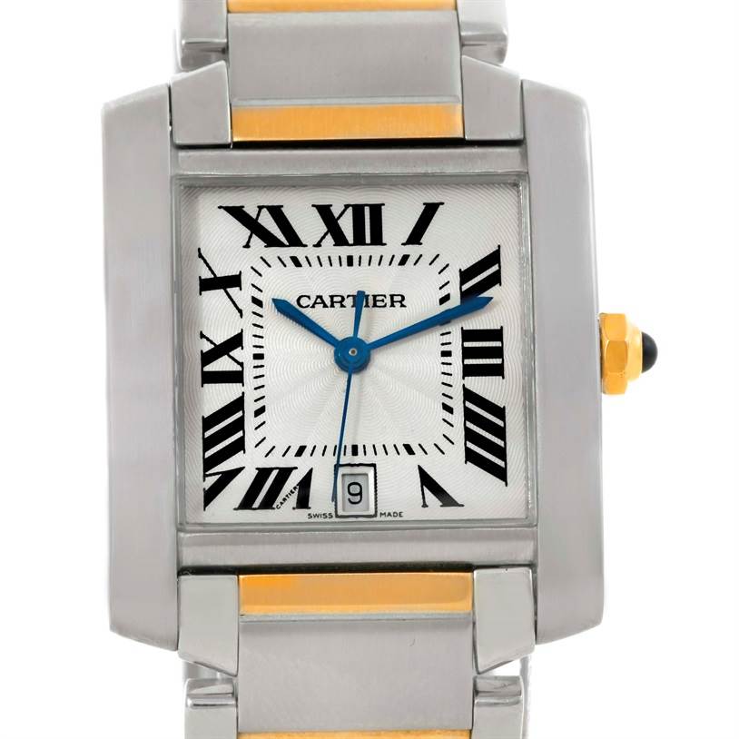 The image shows a front view of the Cartier Tank Francaise W51005Q4 Men
s Steel and Gold (two tone) Silver Dial W51005Q4 Men
s Steel and Gold (two tone) Silver Dial watch, highlighting its face, Roman numerals, hands, and part of the bracelet.