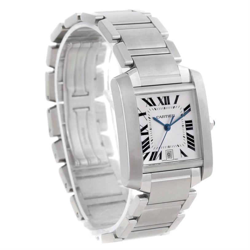 The image shows a Cartier Tank Francaise W51002Q3 Men
s Stainless Steel Silver Dial W51002Q3 Men
s Stainless Steel Silver Dial watch, displaying its rectangular face, Roman numerals, and metal bracelet from a three-quarter angle.