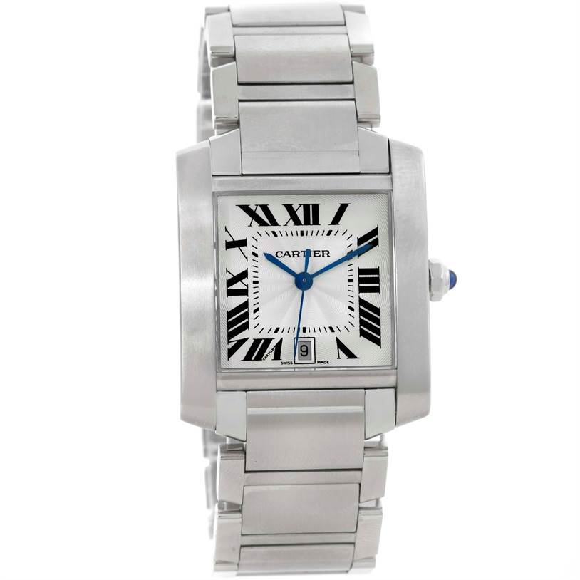 The image shows a Cartier Tank Francaise W51002Q3 Men
s Stainless Steel Silver Dial W51002Q3 Men
s Stainless Steel Silver Dial watch from a front angle, highlighting the dial, bracelet, and crown.