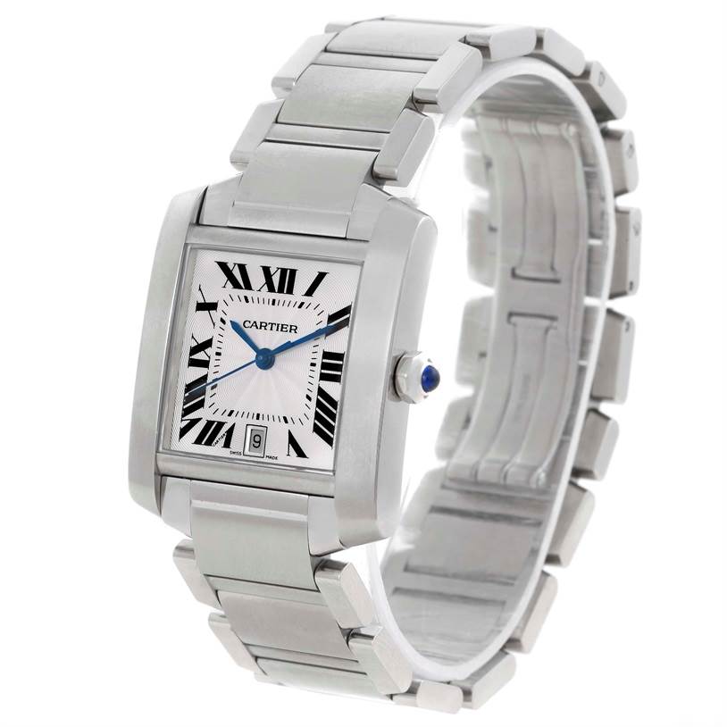 The Tank Française by Cartier is shown in a front angle, highlighting its case, bracelet, dial, and crown.