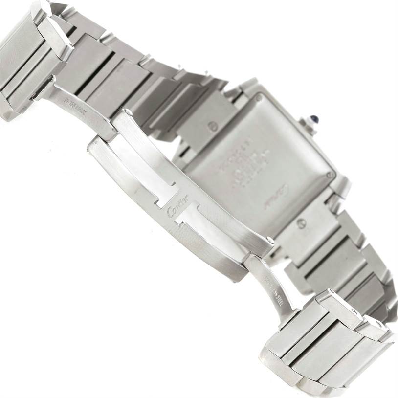 The image shows a rear angle of the Cartier Tank Francaise W51002Q3 Men
s Stainless Steel Silver Dial W51002Q3 Men
s Stainless Steel Silver Dial watch, focusing on the metal bracelet and clasp.