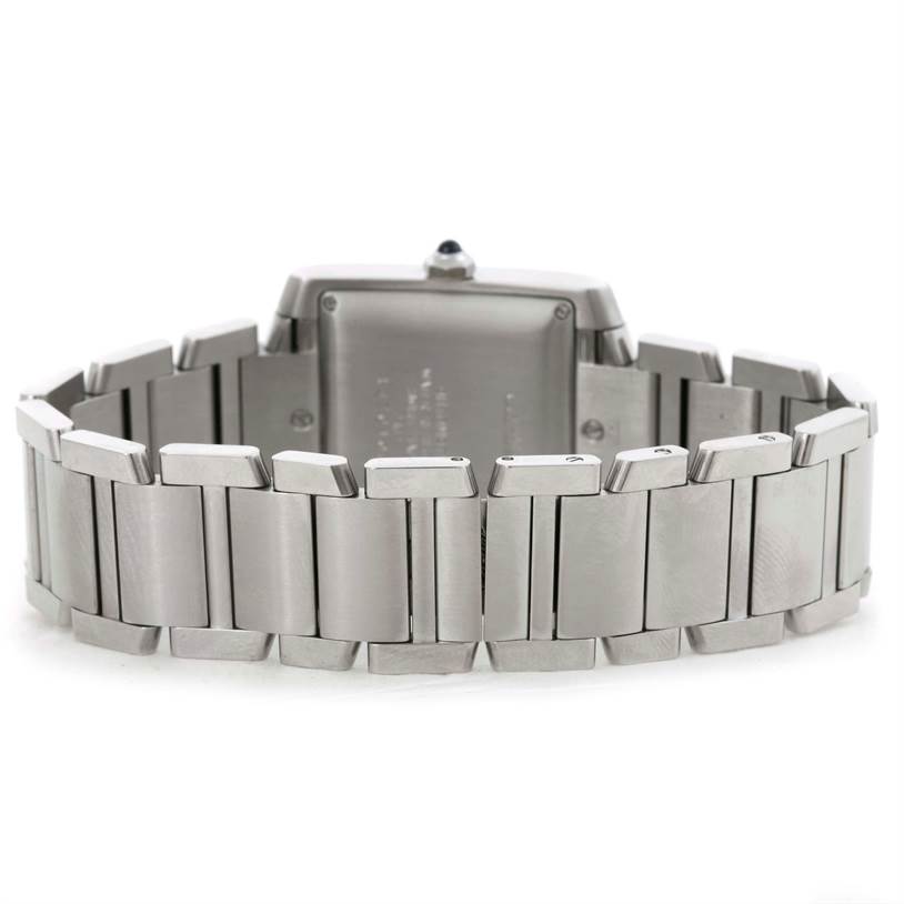 This image shows the back of the Cartier Tank Française watch, highlighting the bracelet and clasp from a rear angle.