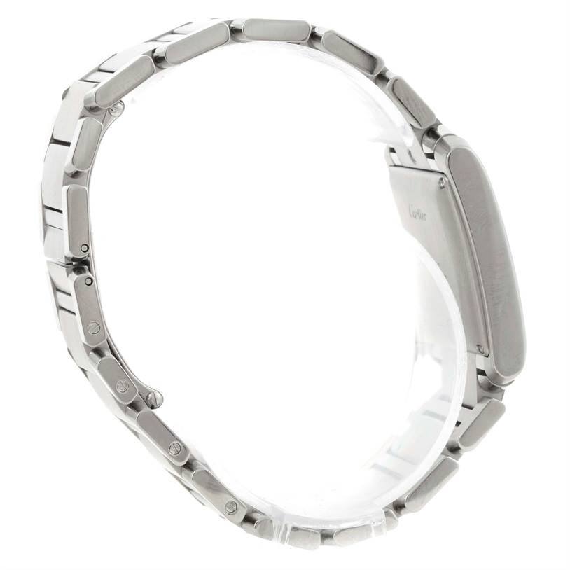 The image shows a side angle of the Cartier Tank Francaise W51002Q3 Men
s Stainless Steel Silver Dial W51002Q3 Men
s Stainless Steel Silver Dial watch, highlighting its stainless steel bracelet and case back.
