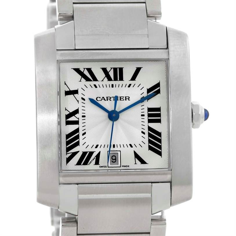 This image displays a front angle of the Cartier Tank Francaise W51002Q3 Men
s Stainless Steel Silver Dial W51002Q3 Men
s Stainless Steel Silver Dial watch, highlighting its face, stainless steel case, bracelet, and crown.