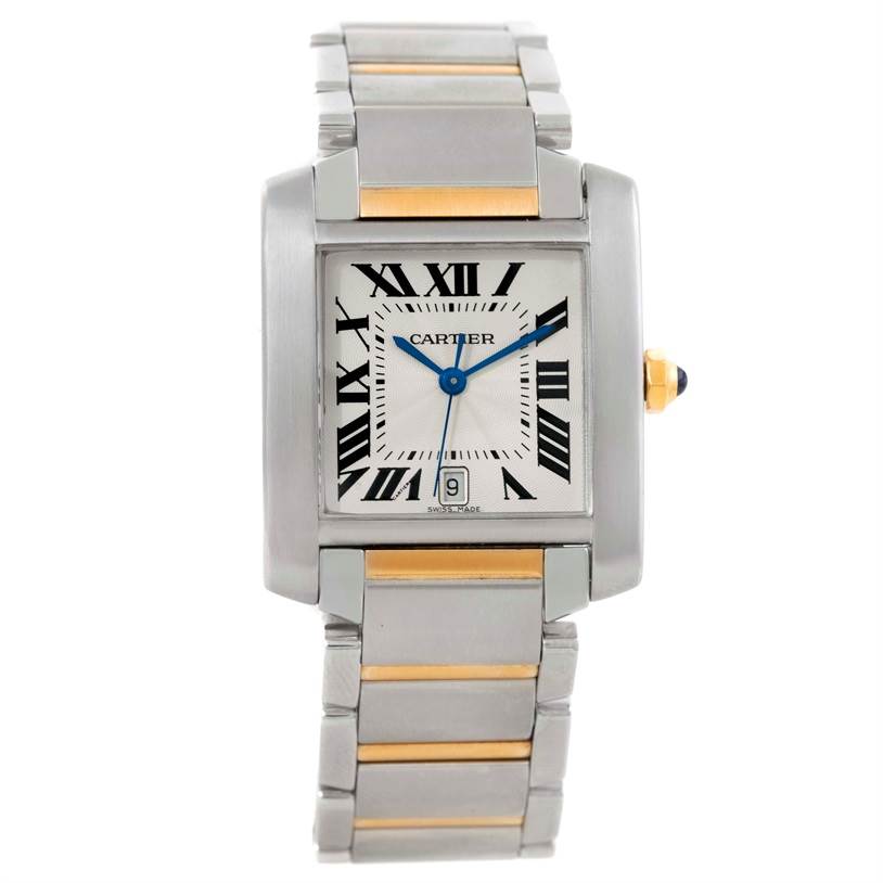 The image shows a front view of the Cartier Tank Française watch, featuring a steel and gold bracelet, rectangular case, and Roman numeral dial.