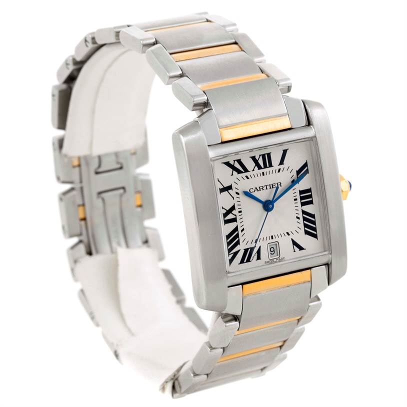 The image shows a front angled view of a Cartier Tank Française watch, highlighting the dial, case, and steel and gold bracelet.