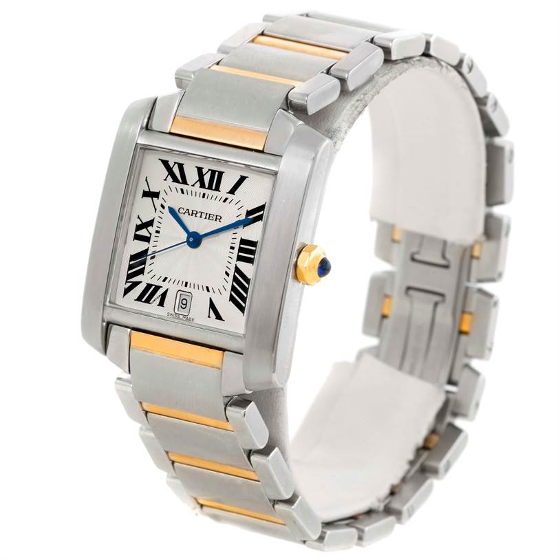 The image displays a Cartier Tank Francaise W51005Q4 Men's Steel and Gold (two tone) Silver Dial W51005Q4 Men's Steel and Gold (two tone) Silver Dial watch at a slight front angle, showcasing its square face, stainless steel and gold bracelet.