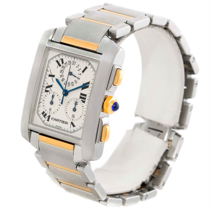 The Cartier Tank Francaise W51004Q4 Men
s Steel and Gold (two tone) Silver Dial W51004Q4 Men
s Steel and Gold (two tone) Silver Dial watch is pictured from an angle showing the front dial, crown, and segment of the metal bracelet with gold accents.