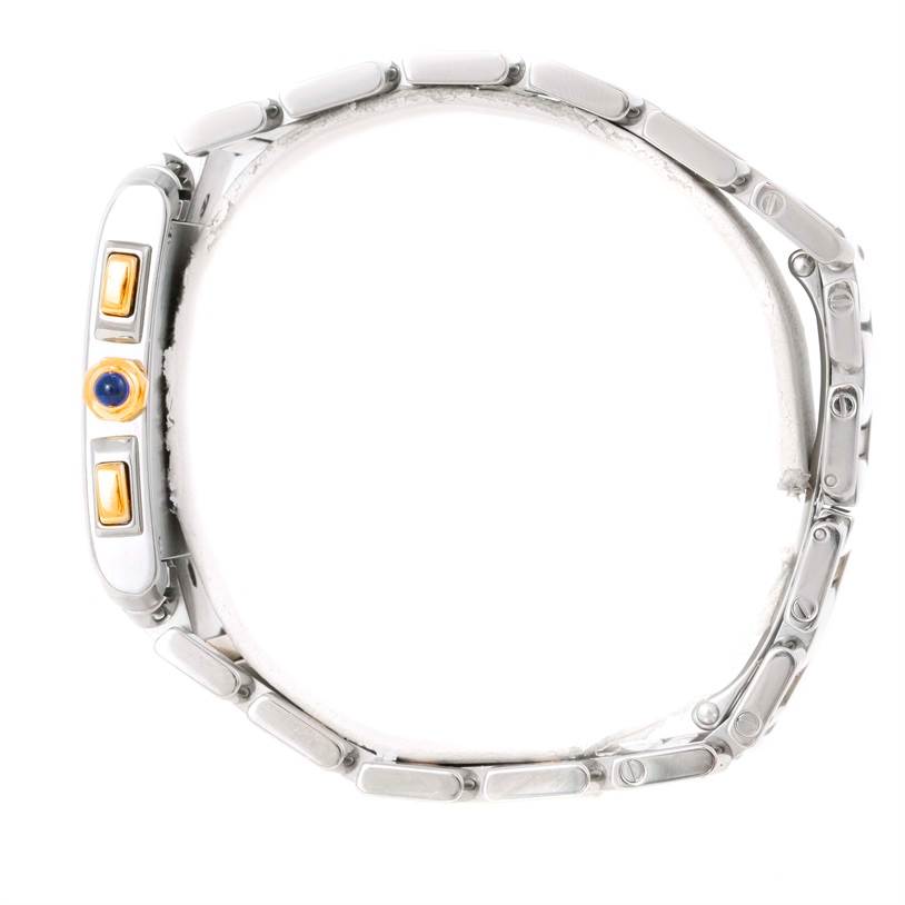 This image shows a side view of the Cartier Tank Francaise W51004Q4 Men
s Steel and Gold (two tone) Silver Dial W51004Q4 Men
s Steel and Gold (two tone) Silver Dial watch, highlighting the crown and bracelet links.