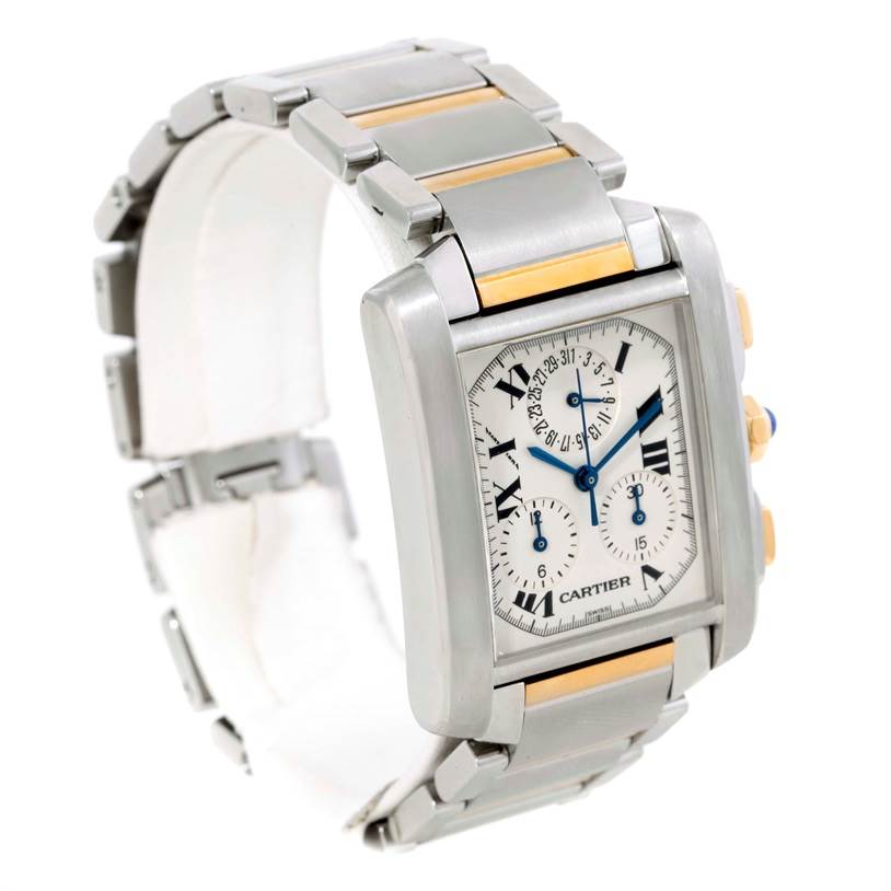 The image shows a Cartier Tank Française watch at an angle, displaying its rectangular face, bracelet, and link details.
