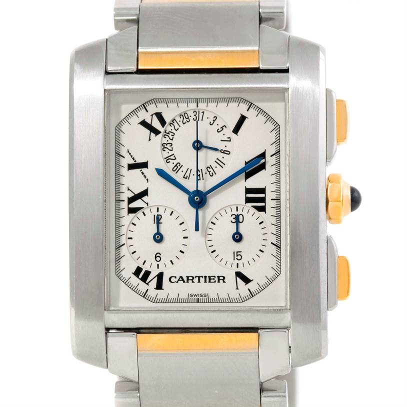 This image shows a front-facing view of a Cartier Tank Francaise W51004Q4 Men
s Steel and Gold (two tone) Silver Dial W51004Q4 Men
s Steel and Gold (two tone) Silver Dial watch, highlighting its rectangular case, Roman numeral dial, subdials, and metal bracelet.