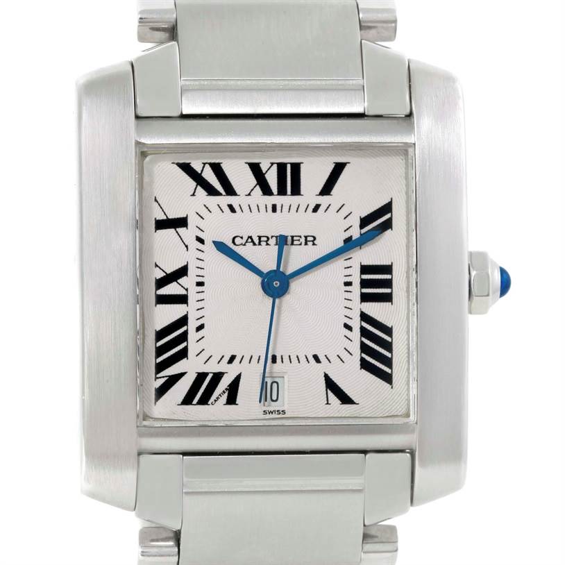 This image shows a close-up of the Cartier Tank Francaise W51002Q3 Men
s Stainless Steel Silver Dial W51002Q3 Men
s Stainless Steel Silver Dial watch face, highlighting its Roman numerals, blue hands, and metal bracelet.