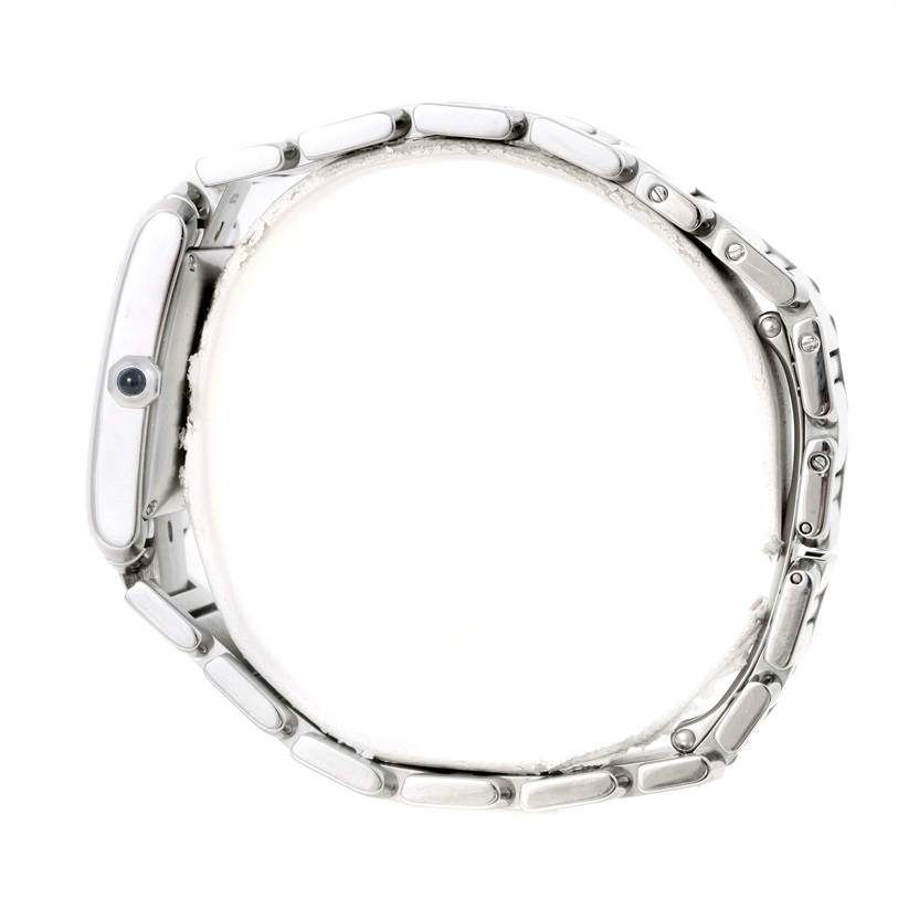 This is a side-view image of the Cartier Tank Francaise W51002Q3 Men
s Stainless Steel Silver Dial W51002Q3 Men
s Stainless Steel Silver Dial watch, showcasing the case, bezel, crown, and bracelet.