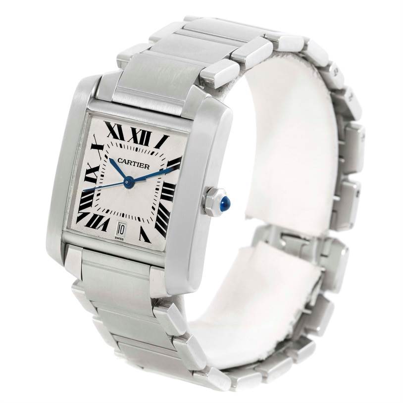 The Cartier Tank Francaise W51002Q3 Men
s Stainless Steel Silver Dial W51002Q3 Men
s Stainless Steel Silver Dial watch is shown at a three-quarter angle, highlighting its rectangular case, bracelet, and Roman numeral dial.