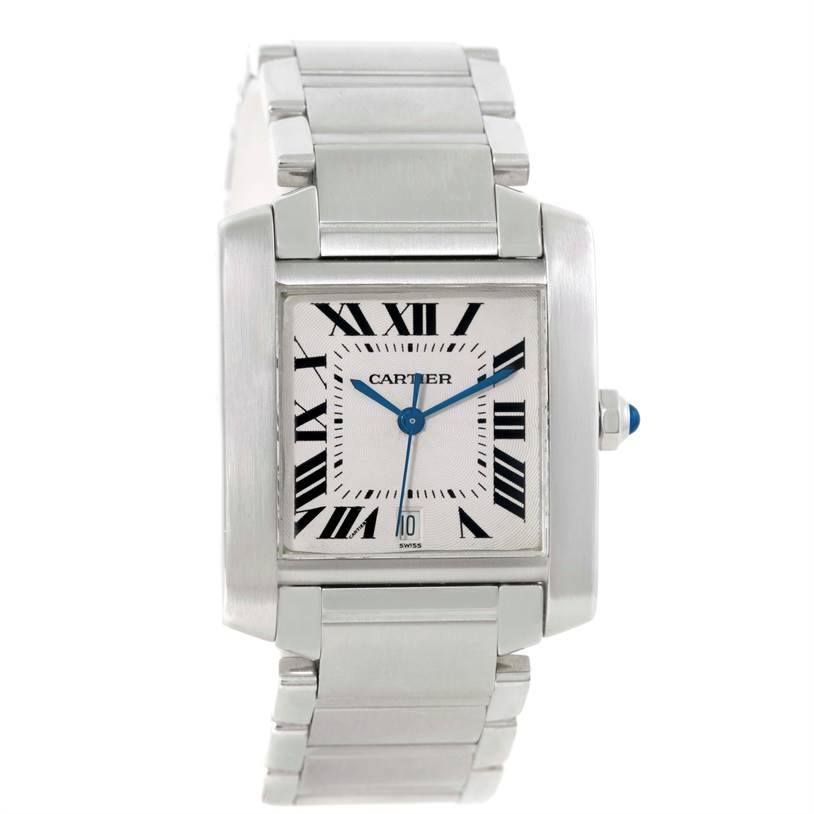 The image shows a front view of a Cartier Tank Francaise W51002Q3 Men
s Stainless Steel Silver Dial W51002Q3 Men
s Stainless Steel Silver Dial watch, displaying its face, bezel, and bracelet.