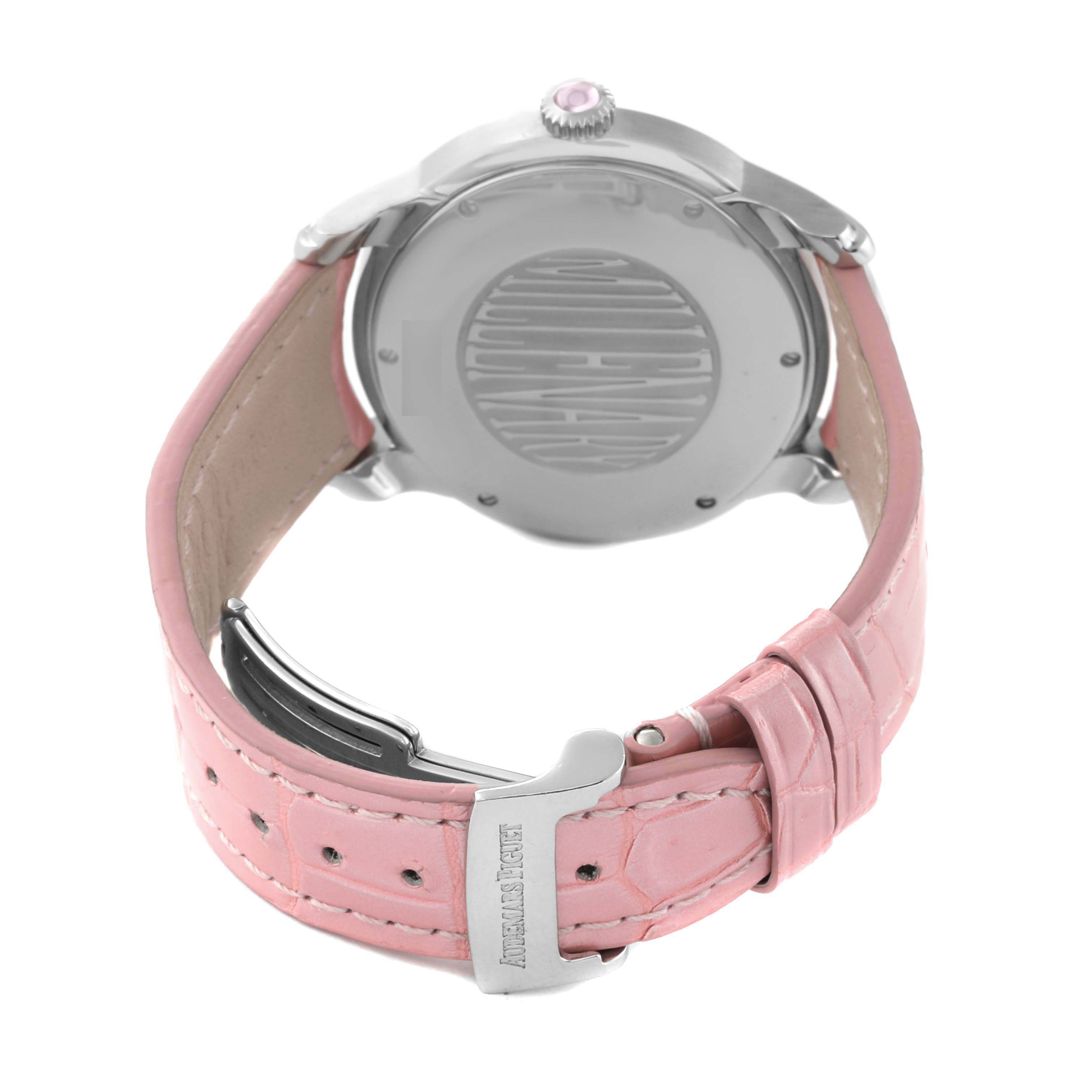 The Audemars Piguet Millenary 77301ST Women's Stainless Steel Pink Dial 77301ST Women's Stainless Steel Pink Dial model watch is shown from the back, highlighting the case back and pink leather strap with buckle.