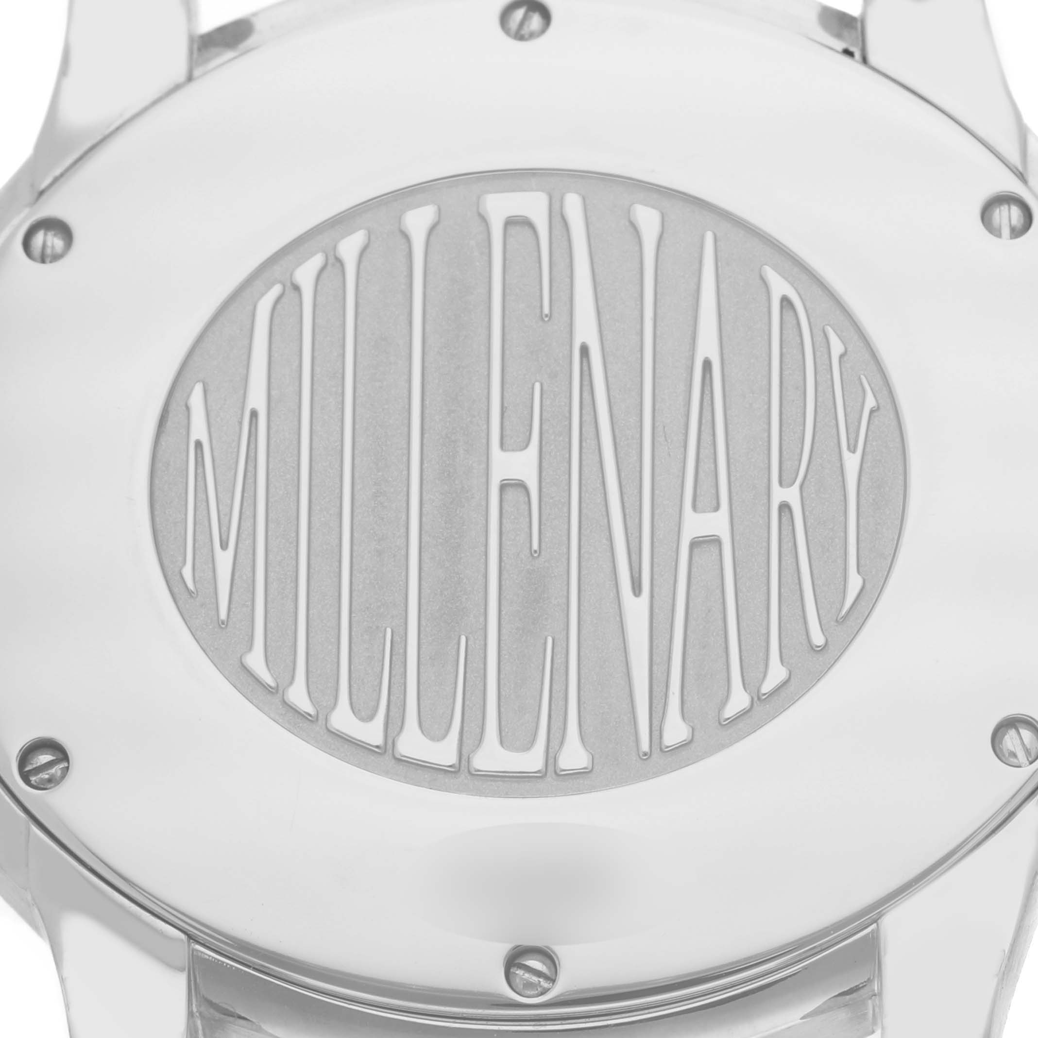 The image shows the back case of an Audemars Piguet Millenary 77301ST Women's Stainless Steel Pink Dial 77301ST Women's Stainless Steel Pink Dial watch, featuring the engraved "Millenary" logo.
