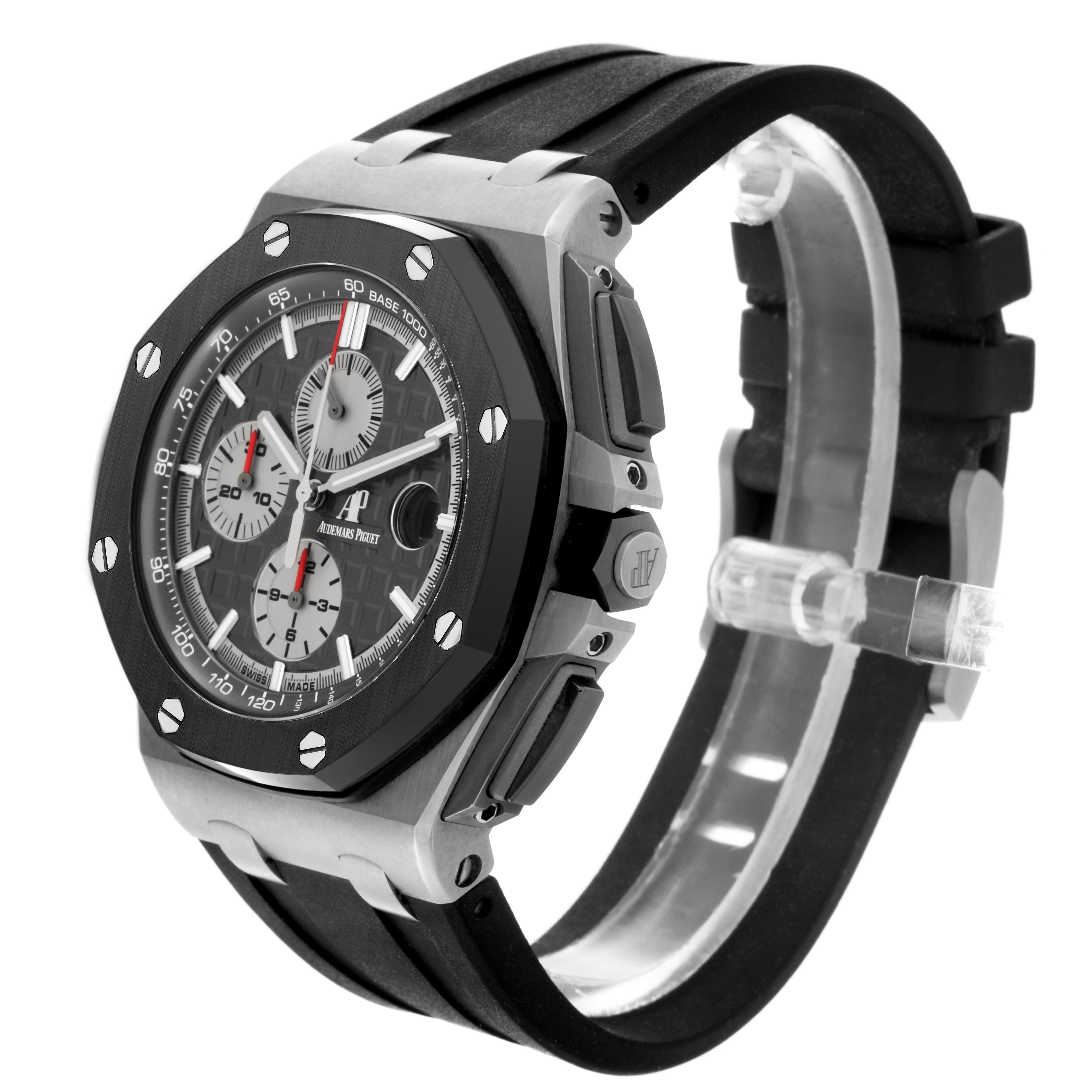 The Audemars Piguet Royal Oak Offshore 26400IO.OO.A004CA.01 Men's Titanium Grey Dial 26400IO.OO.A004CA.01 Men's Titanium Grey Dial watch is shown at a slight side angle, highlighting the case, bezel, dial, and strap.