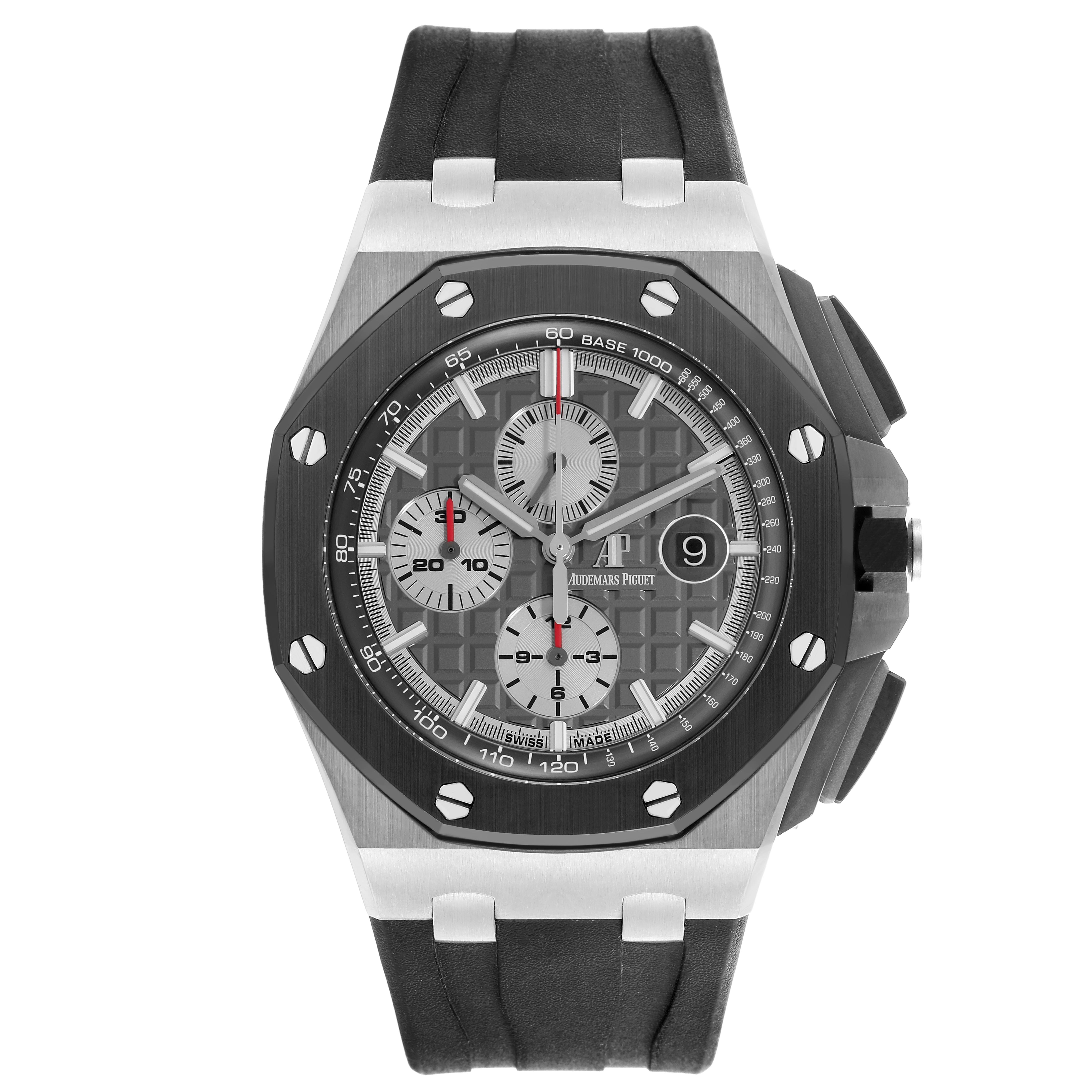 The Audemars Piguet Royal Oak Offshore 26400IO.OO.A004CA.01 Men's Titanium Grey Dial 26400IO.OO.A004CA.01 Men's Titanium Grey Dial is shown from the front, displaying the octagonal bezel, chronograph subdials, and rubber strap.