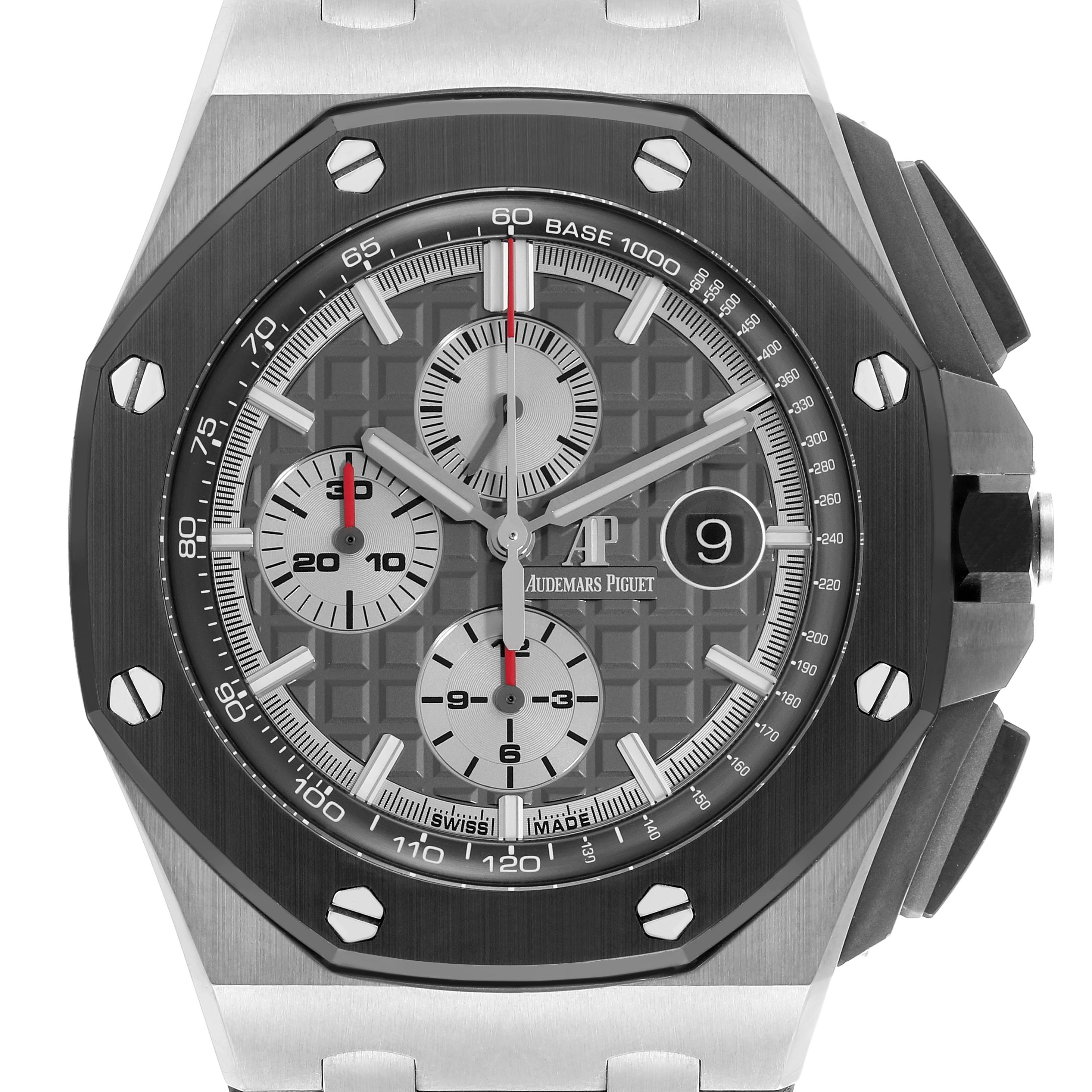 The image shows a front view of the Audemars Piguet Royal Oak Offshore 26400IO.OO.A004CA.01 Men's Titanium Grey Dial 26400IO.OO.A004CA.01 Men's Titanium Grey Dial watch, highlighting the dial, bezel, and chronograph features.
