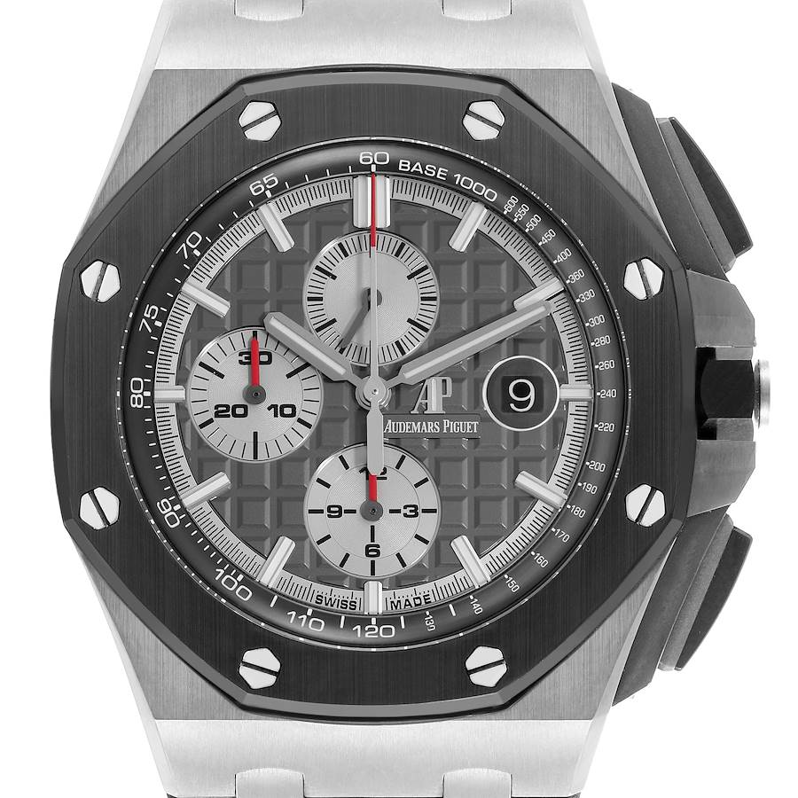 The image shows a front view of the Audemars Piguet Royal Oak Offshore watch, highlighting the dial, bezel, and chronograph features.