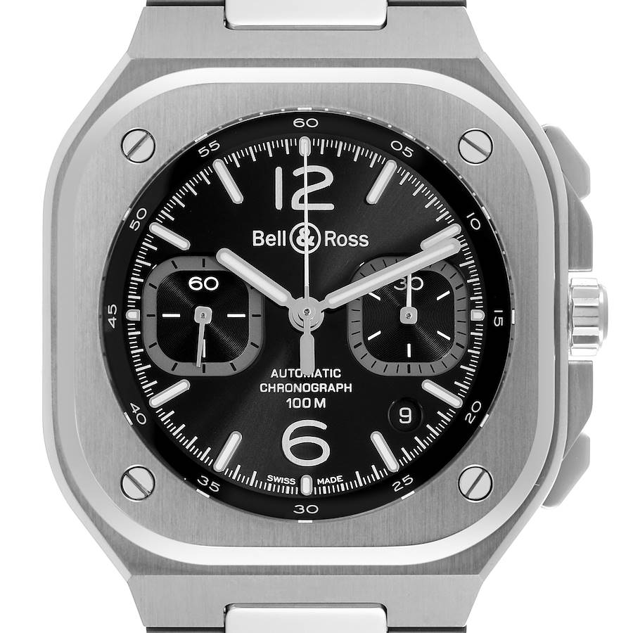 The Bell & Ross Urban model is shown from a front angle, highlighting the dial, subdials, and bezel.