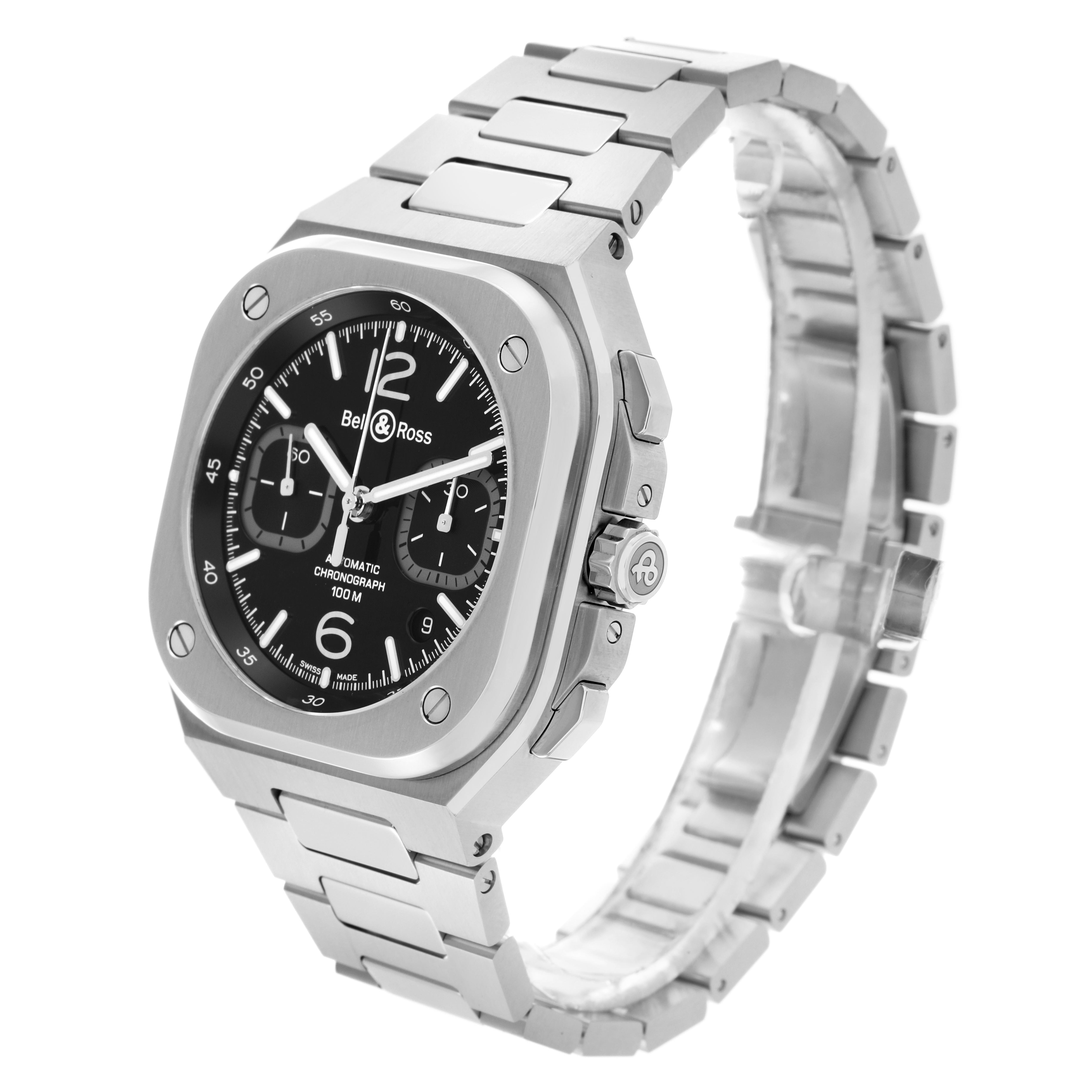 The Bell 
Ross Urban BR05C-BLC-ST/SST Men
s Stainless Steel Black Dial BR05C-BLC-ST/SST Men
s Stainless Steel Black Dial model watch is shown at a three-quarter angle, displaying the face, bezel, and bracelet.