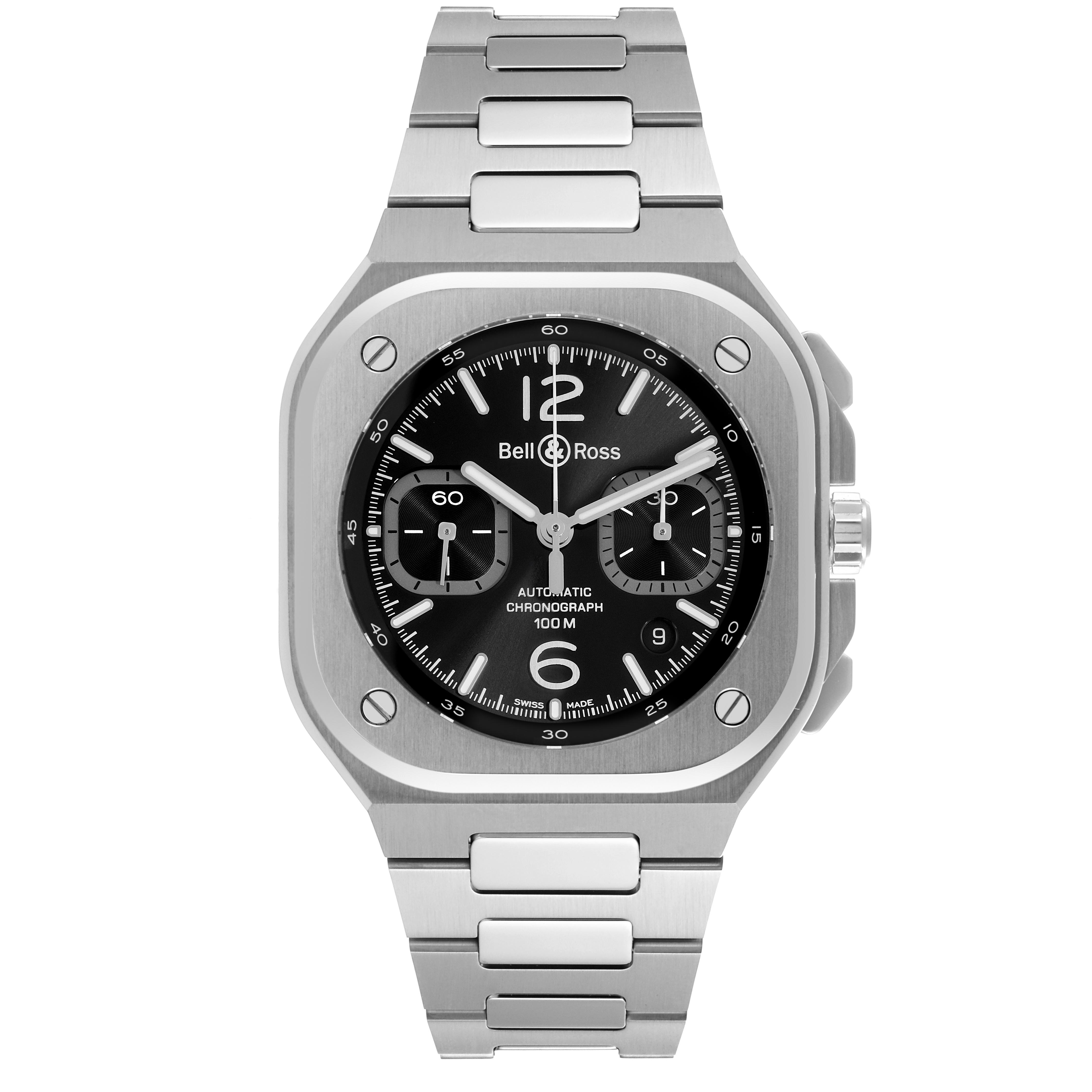 The Bell 
Ross Urban BR05C-BLC-ST/SST Men
s Stainless Steel Black Dial BR05C-BLC-ST/SST Men
s Stainless Steel Black Dial watch is shown from a frontal angle, highlighting its face, bezel, and metal bracelet.