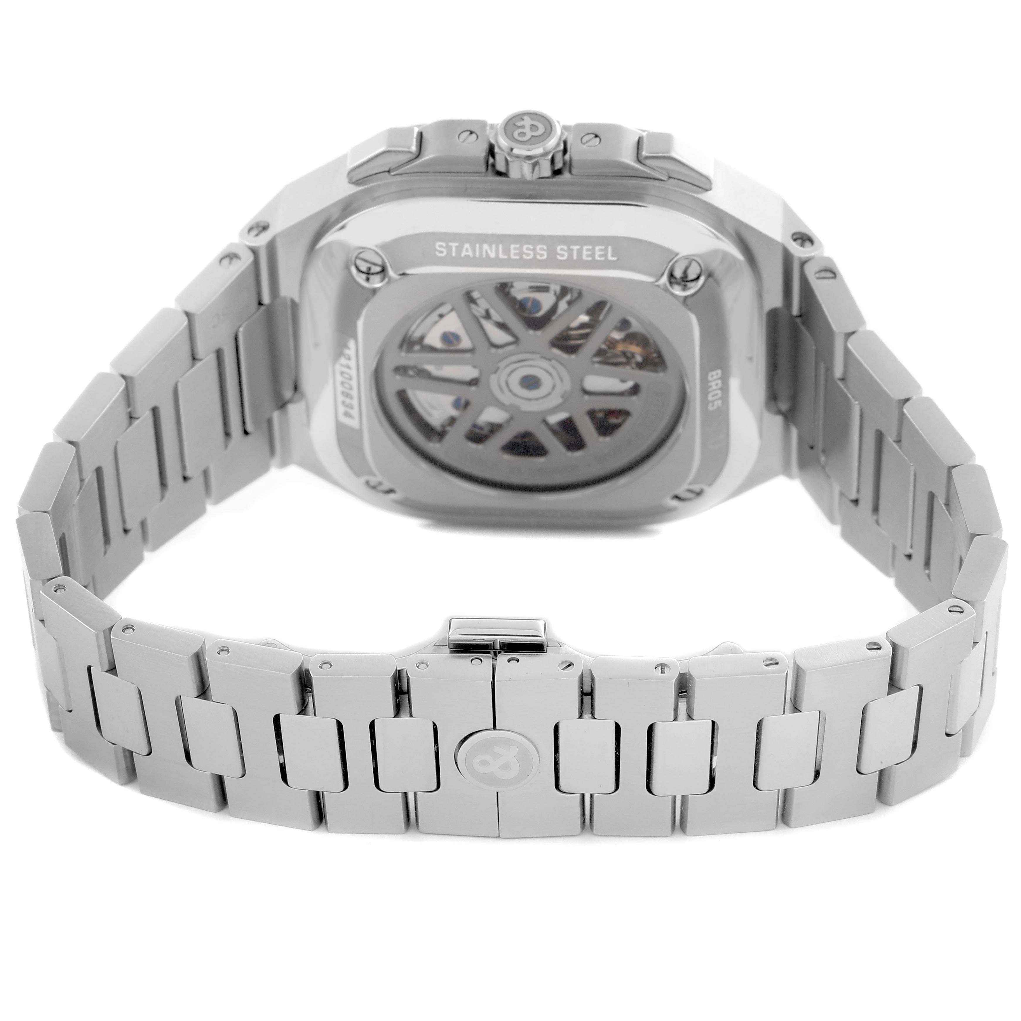 The Bell 
Ross Urban BR05C-BLC-ST/SST Men
s Stainless Steel Black Dial BR05C-BLC-ST/SST Men
s Stainless Steel Black Dial model watch is pictured from the back, showing the case back and part of the bracelet.