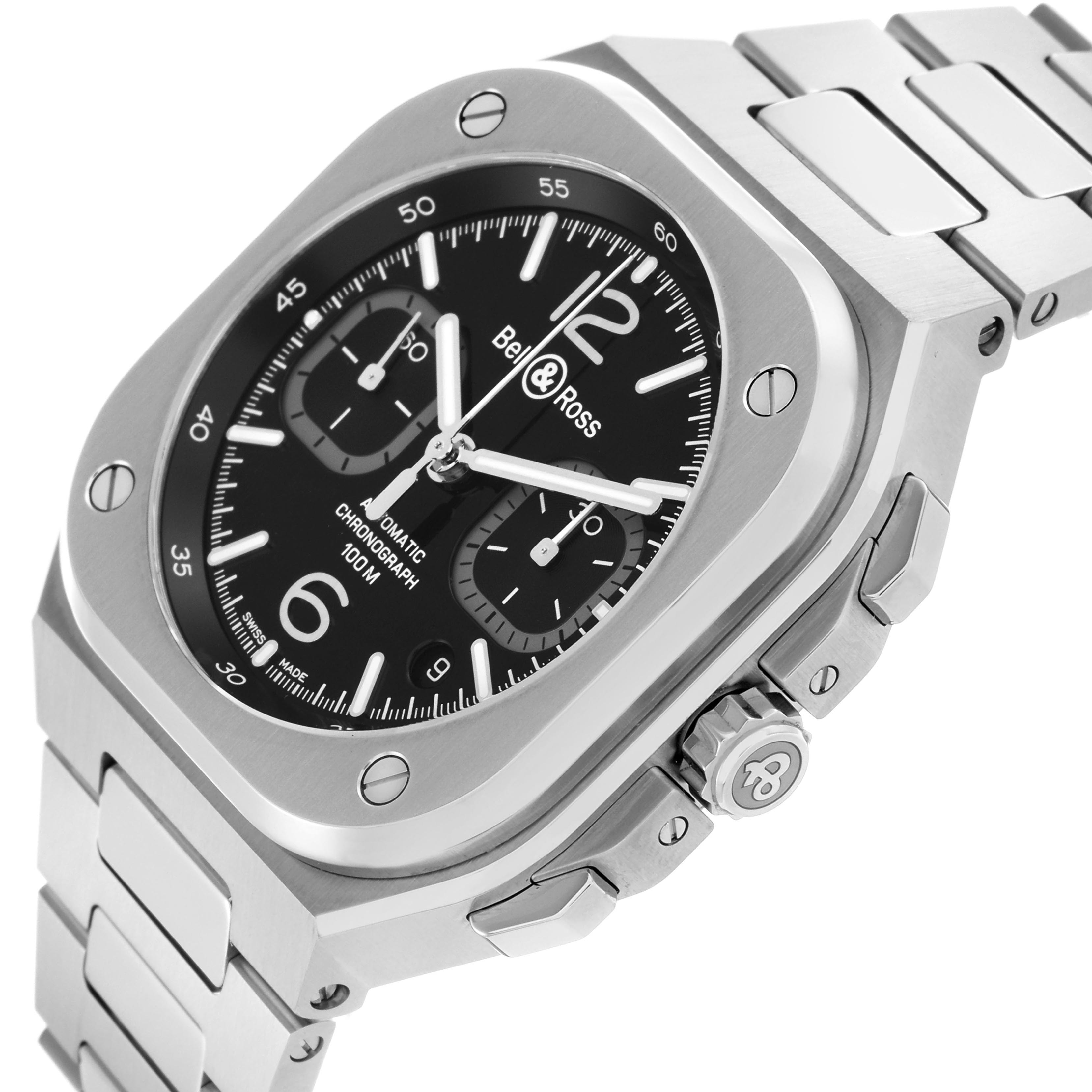 The Bell 
Ross Urban BR05C-BLC-ST/SST Men
s Stainless Steel Black Dial BR05C-BLC-ST/SST Men
s Stainless Steel Black Dial watch is shown at a three-quarter angle, highlighting the dial, bezel, chronograph buttons, and metal bracelet.