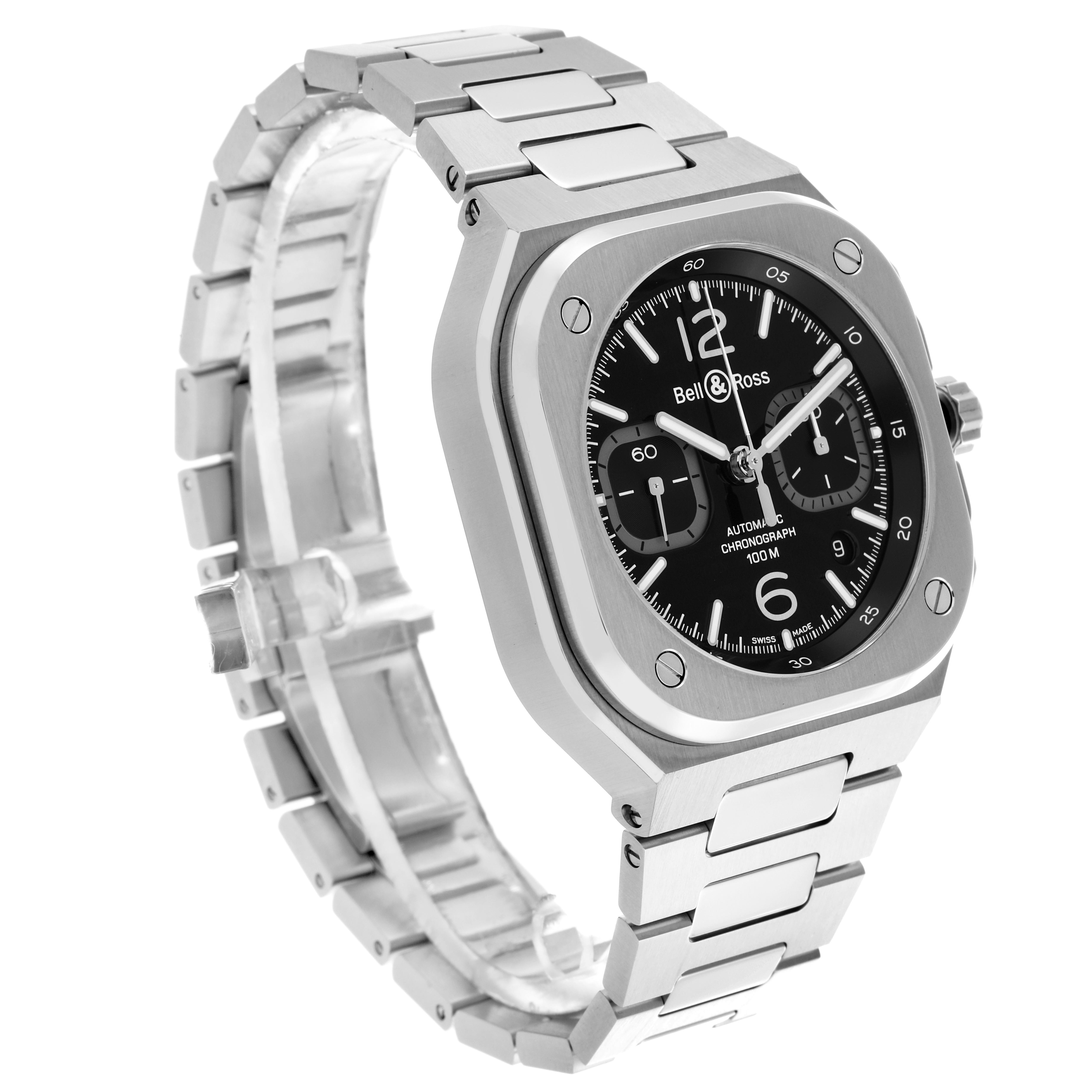 The Bell 
Ross Urban BR05C-BLC-ST/SST Men
s Stainless Steel Black Dial BR05C-BLC-ST/SST Men
s Stainless Steel Black Dial model watch is shown from a three-quarter angle highlighting the face and metal bracelet.