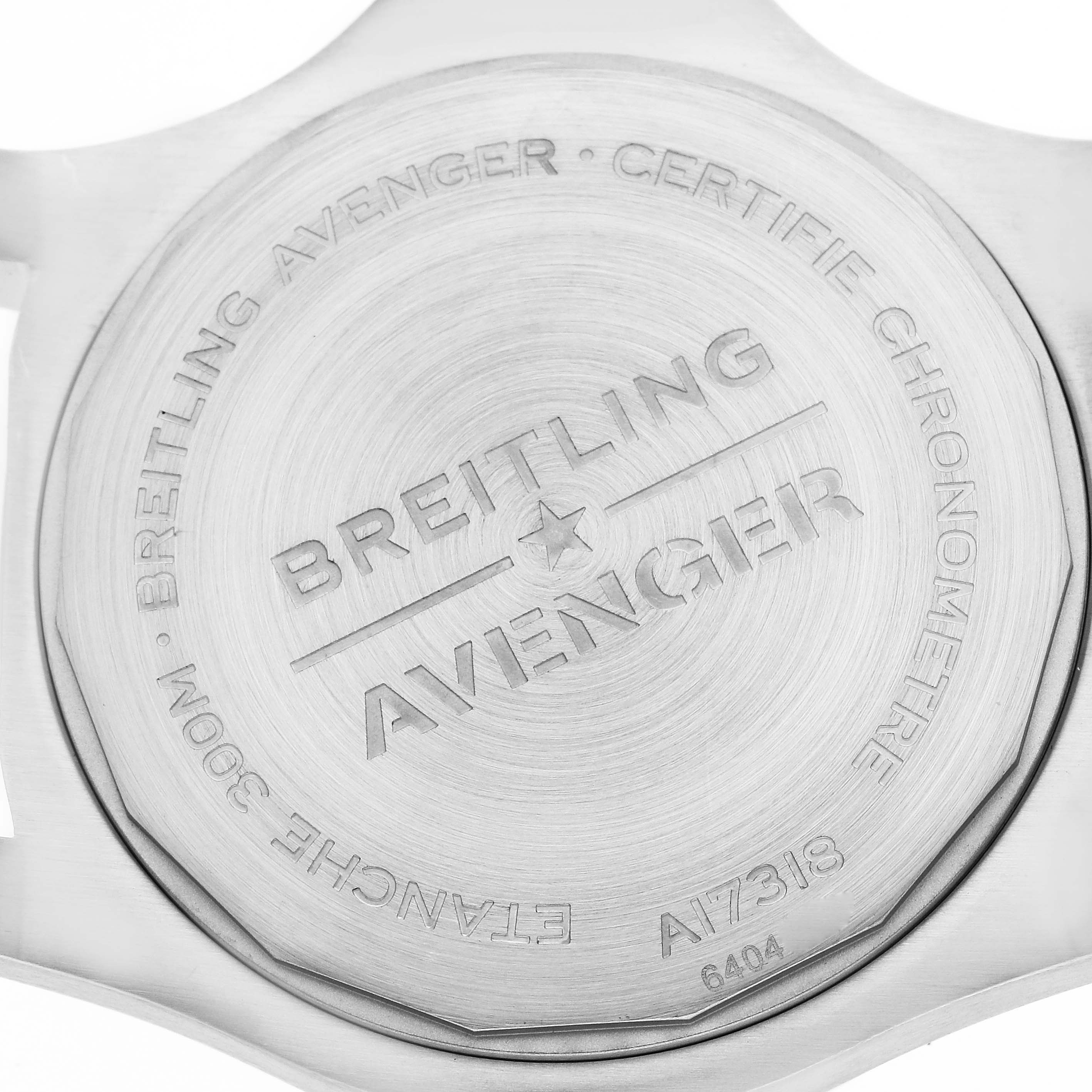 This image shows the back case of a Breitling Avenger A17318 Men's Stainless Steel Black Dial A17318 Men's Stainless Steel Black Dial watch, displaying engraved details and model information.