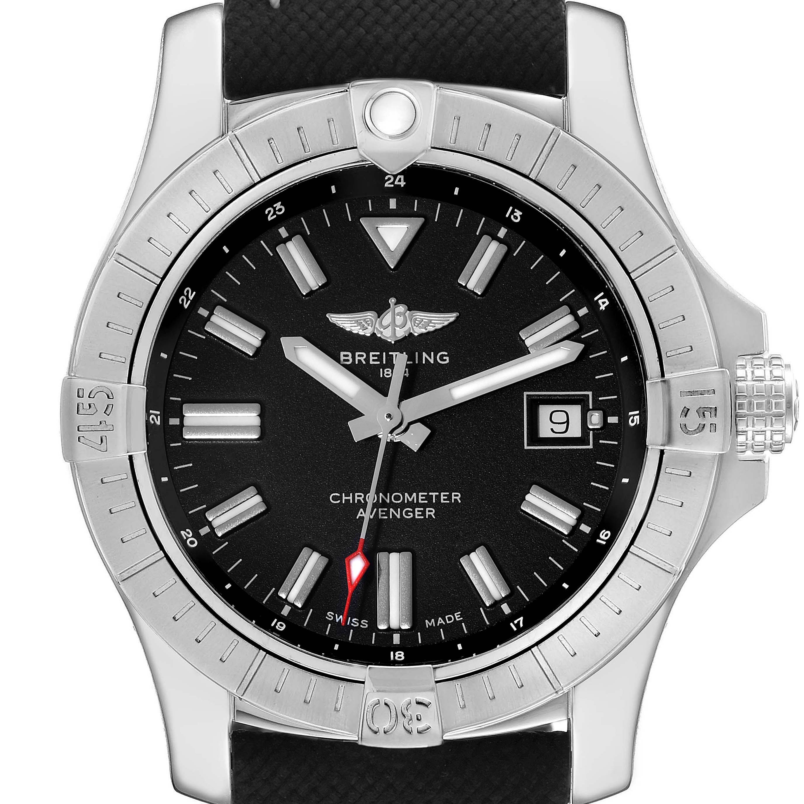 This image shows a front view of the Breitling Avenger A17318 Men's Stainless Steel Black Dial A17318 Men's Stainless Steel Black Dial watch, highlighting the dial, bezel, hour markers, and strap.
