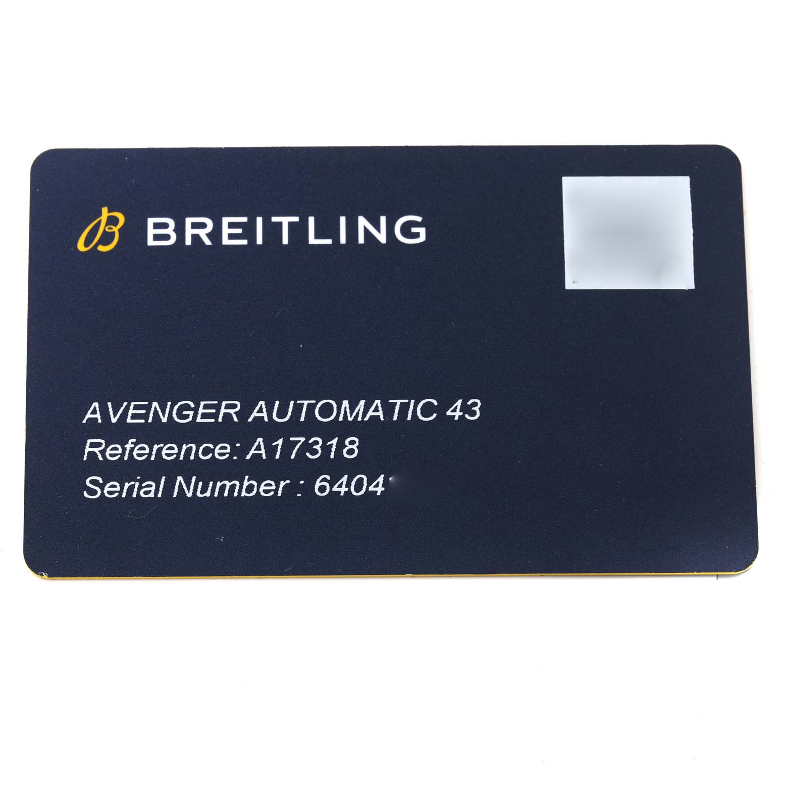 This image shows the warranty card for a Breitling Avenger A17318 Men's Stainless Steel Black Dial A17318 Men's Stainless Steel Black Dial Automatic 43 watch, displaying its reference and serial number.