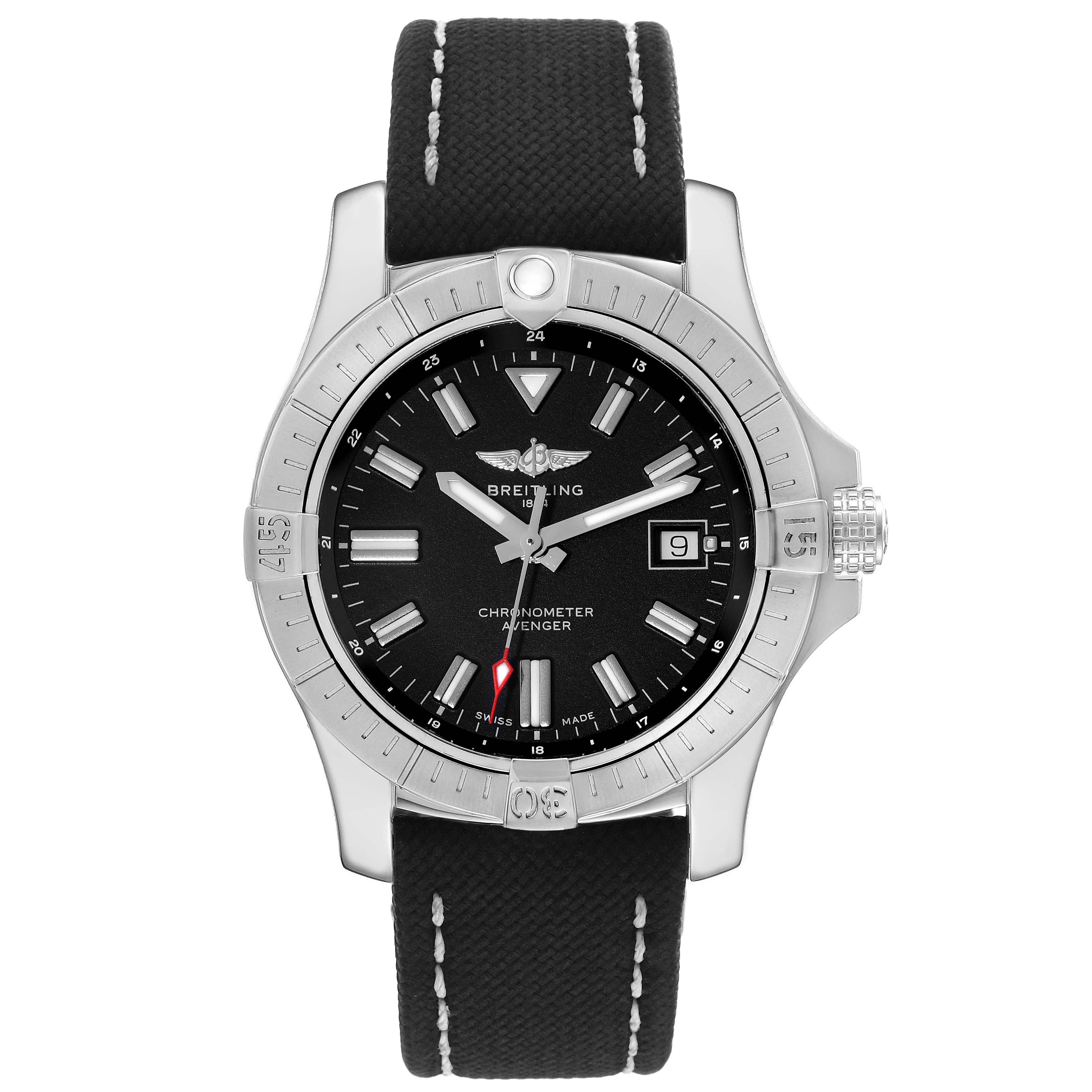 The image shows a front angle view of a Breitling Avenger A17318 Men's Stainless Steel Black Dial A17318 Men's Stainless Steel Black Dial watch, highlighting its black dial, indices, bezel, and strap.
