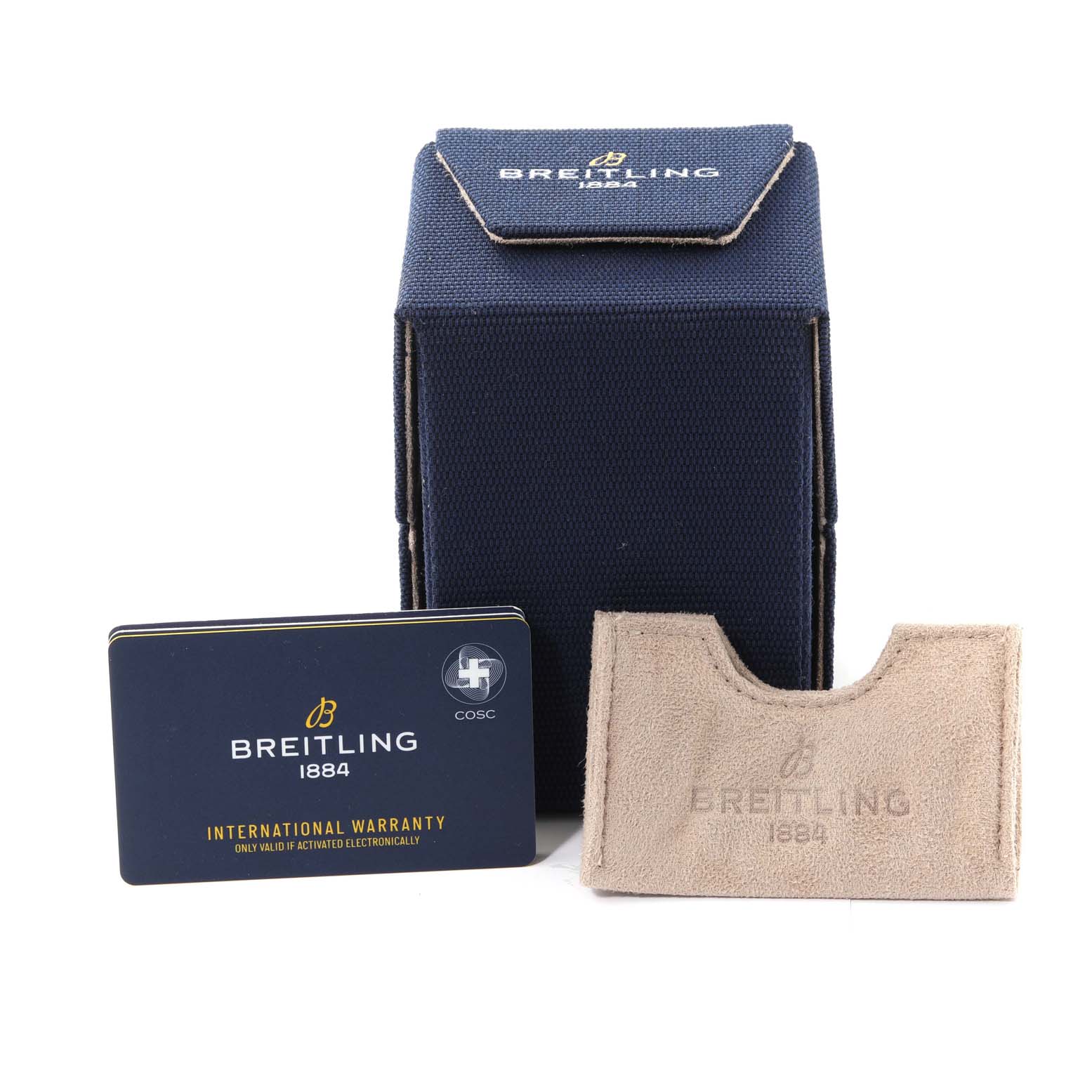 The image shows a Breitling Avenger A17318 Men's Stainless Steel Black Dial A17318 Men's Stainless Steel Black Dial watch box, an international warranty card, and a beige suede card holder.