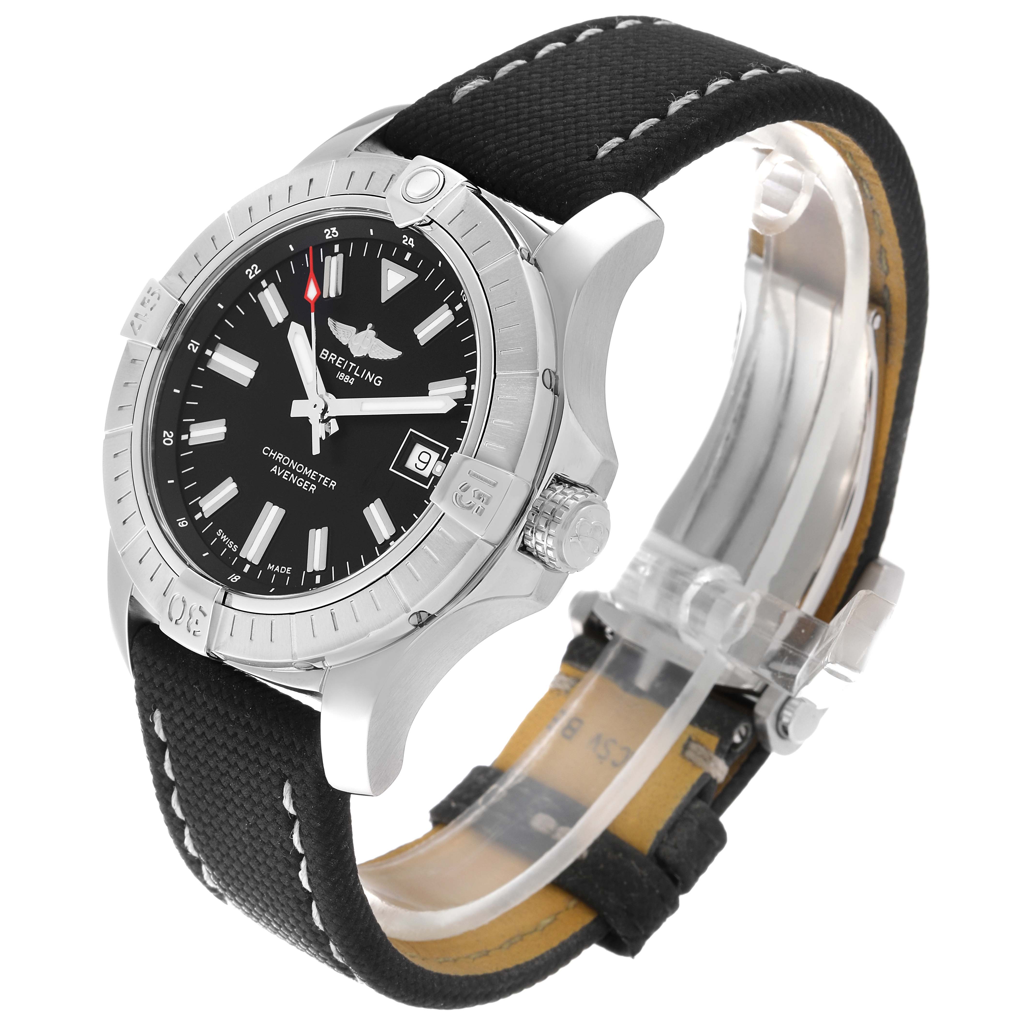 The image shows a Breitling Avenger A17318 Men's Stainless Steel Black Dial A17318 Men's Stainless Steel Black Dial watch from a three-quarter angle, displaying the face, bezel, crown, and strap.