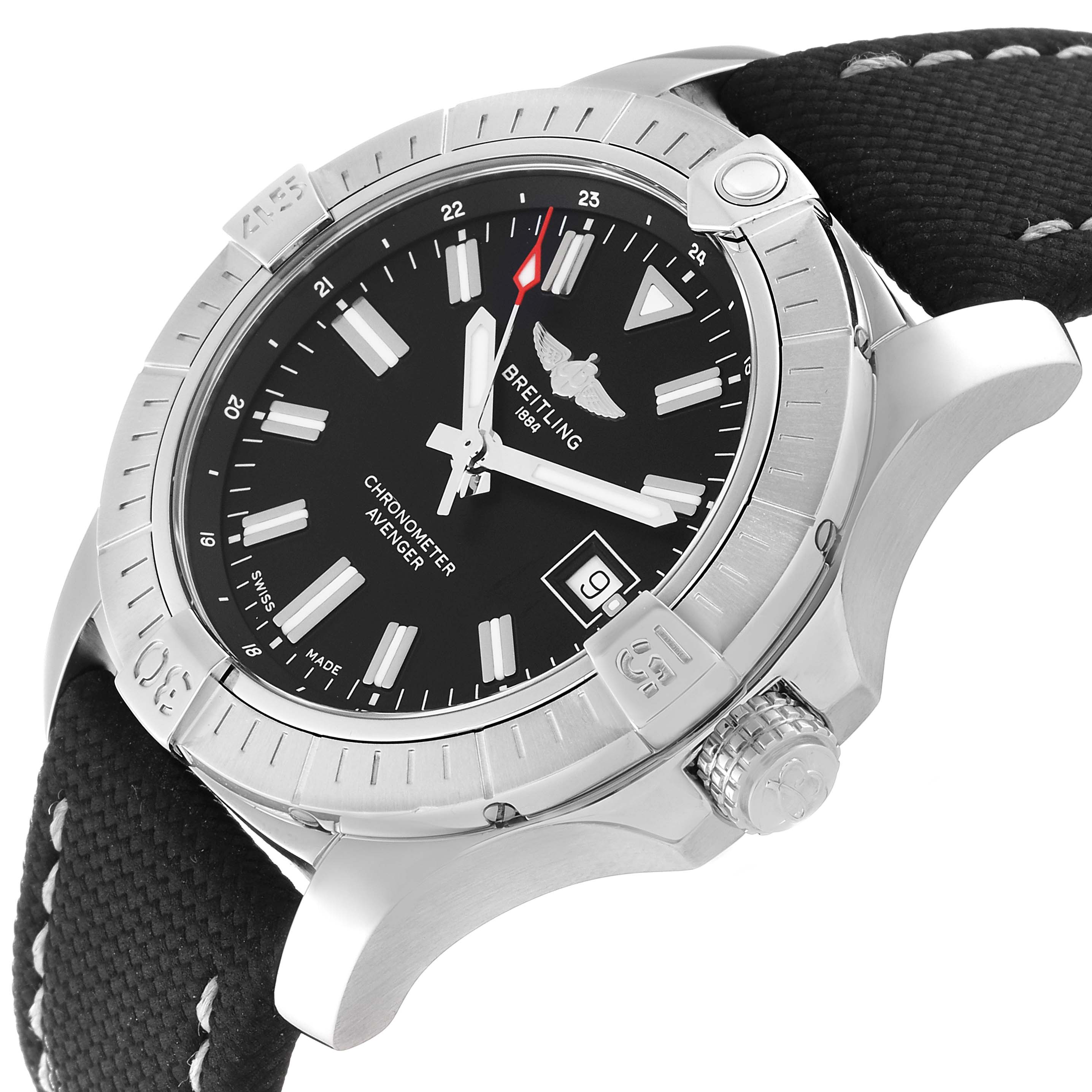 The image shows an angled view of a Breitling Avenger A17318 Men's Stainless Steel Black Dial A17318 Men's Stainless Steel Black Dial watch, highlighting the face, bezel, crown, and strap.