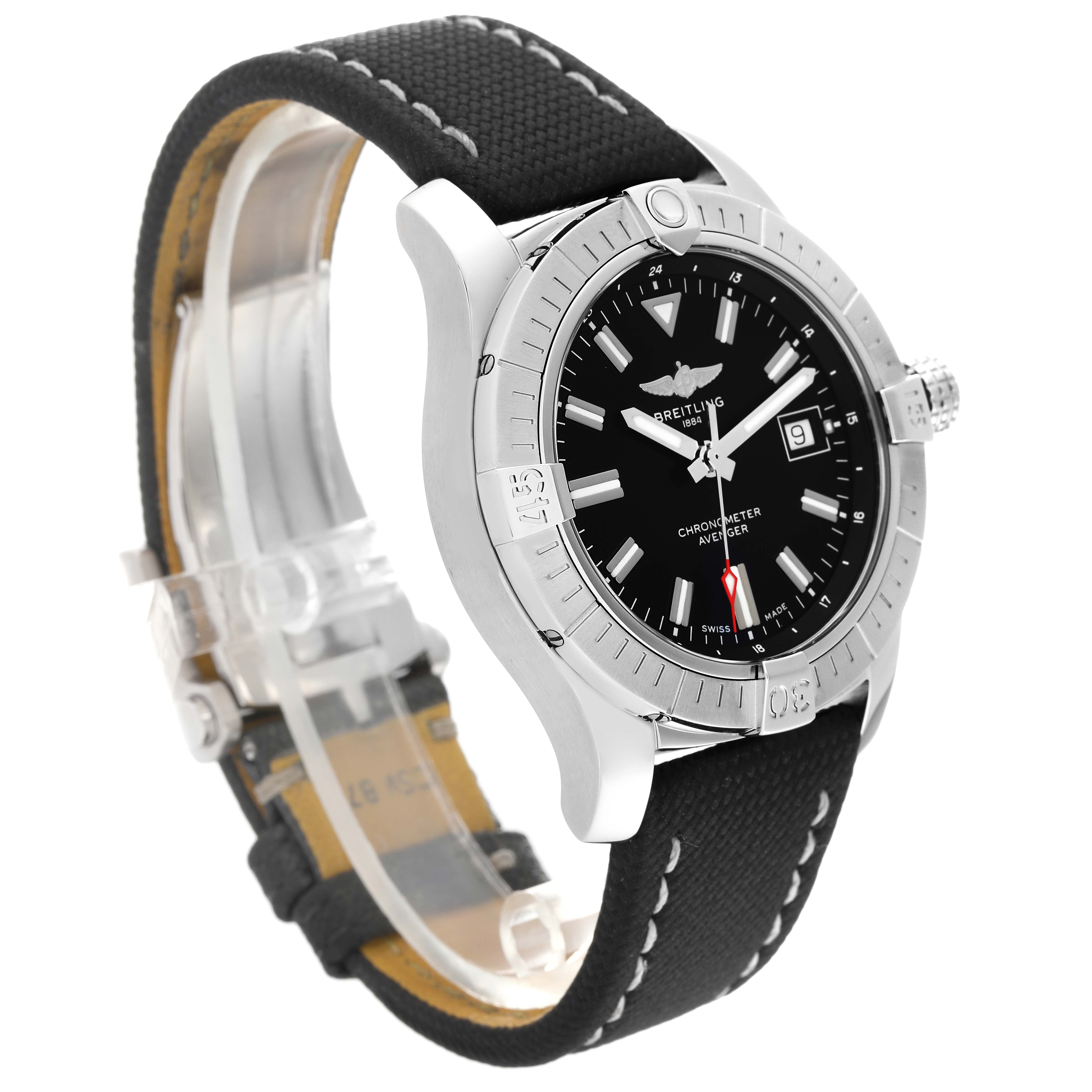The image shows a Breitling Avenger A17318 Men's Stainless Steel Black Dial A17318 Men's Stainless Steel Black Dial watch at a three-quarter angle, highlighting its black dial, bezel, and black strap.